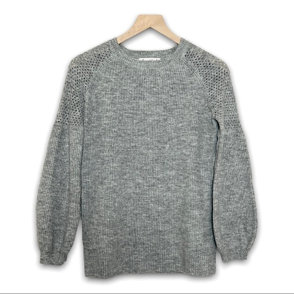 NANETTE LEPORE Crochet Shoulder Puff Sleeve Ribbed Crew Neck Pullover Sweater S - Picture 1 of 5